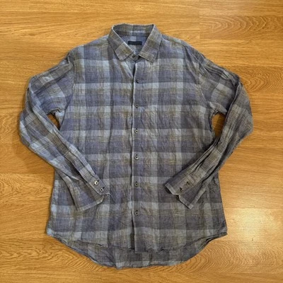 Zachary Prell Shirt Men’s Medium 100% Linen Blue/Gray Plaid Long Sleeve Preppy - Image 1 of 4
