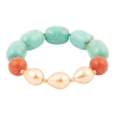 Canyon Blue Magnesite and Red Coral Golden Chunky Stretch Bracelet - Image 1 of 4
