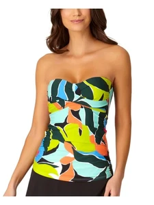 ANNE COLE Women's Green Polynesian Palm Bandeau Tankini Swimsuit Top XS - Picture 1 of 6