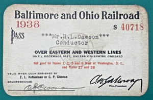 PASE DE TREN DE COLECCIÓN: 1938 ferrocarril de Baltimore y Ohio - conductor - Imagen 1 de 2