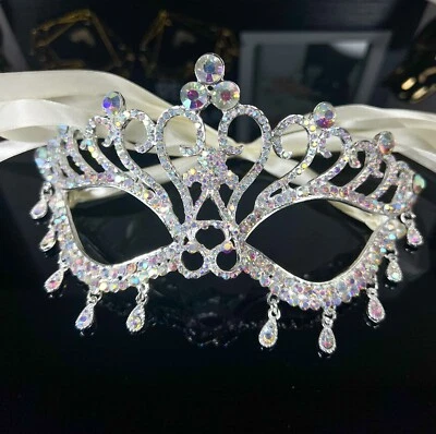 Silver AB Rhinestone Eye Mask, Crystal Masquerade Mask, Mardi Gras Parade, Party - Image 1 of 4
