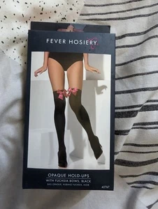 Black Opaque Hold-ups with Pink Fuchsia Bows Women Fancy Dress Stockings tights - Picture 1 of 17
