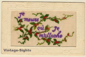 Je Meurs Ou Je M'Attache: Flower Wreath (Vintage Embroidered PC ~1910s) - Imagen 1 de 1
