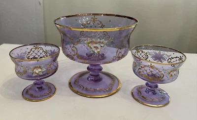 3 - Cuenco de cristal de Murano con cuencos de postre pedestal compota de frutas pintado a mano floral Foto 1 de 4