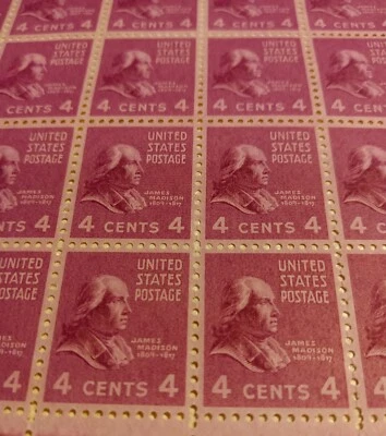 Scott #808 James Madison, Presidential Series, MNH, 4c, FDC, 1938, Full Sheet - Image 1 of 2