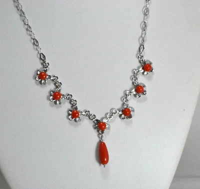 COLLANA IN ARGENTO RODIATO  925  BOTTONI E PENDOLO DI CORALLO ROSSO   AGLN 0286 - Immagine 1 di 4