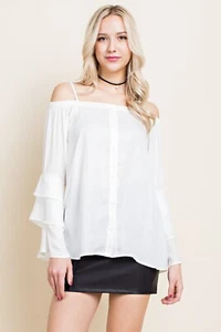 Women's Casual Bell Sleeve Off-The-Shoulder Button Front White Blend Shirt S,M,L - Picture 1 of 22