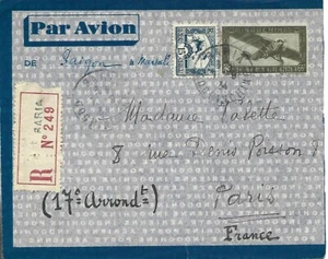 1934 INDOCHINA REGISTERED POSTAL STATIONERY COVER FROM BARIA SAIGON TO FRANCE - Picture 1 of 2