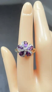9ct Yellow Gold Amethyst & Diamond Cluster Ring, UK size M, EU Size 52 - Picture 1 of 7