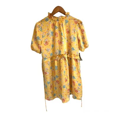 NWT Velvet Torch Yellow Floral Mini Dress Ruffled Neck Elastic Short Sleeve LRG - Image 1 of 4