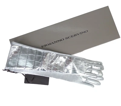 Guantes Largos Ermanno Scervino Cuero Real Plata Cocodrilo Repujado Talla 7 Nuevos con Etiquetas Foto 1 de 4