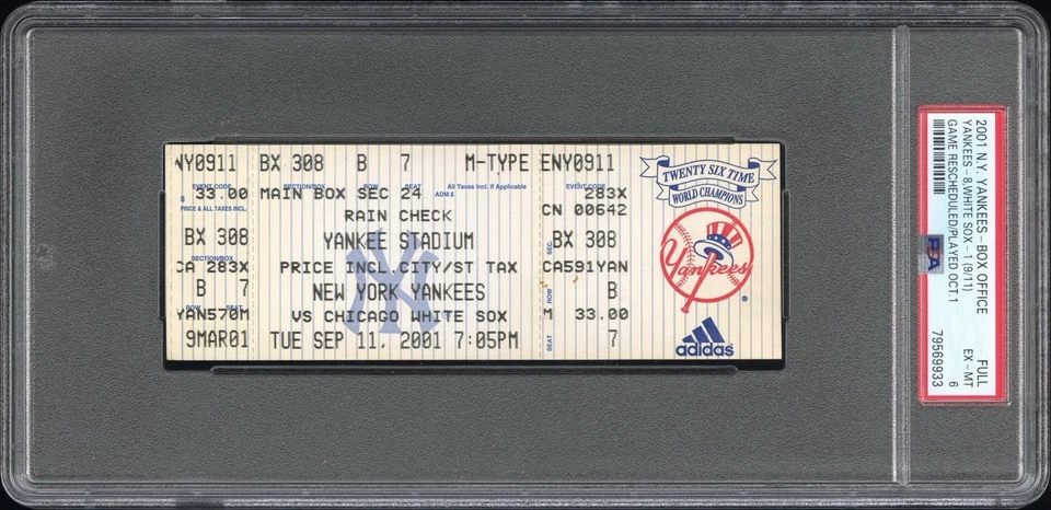 2001 YANKEES GAME FULL TICKET 9/11/2001 RESCHEDULE DUE TO TERRORIST ATTACK PSA 6 - Image 1 of 4
