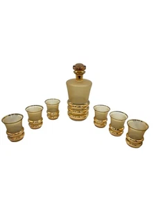 Vintage Bohemian Czech Glass Amber Decanter Set With 6 Glasses Gold MCM Barware - Picture 1 of 8