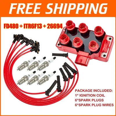 Ignition Coil & 6 Spark plug & 6 wire For Ford Explorer Sport Trac V6 4.0l FD480 - Image 1 of 4