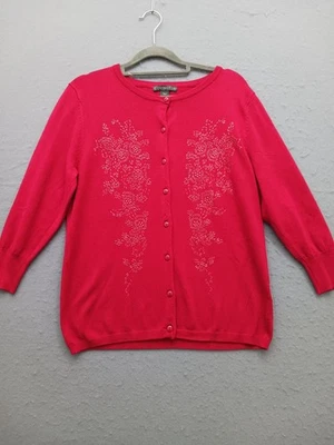Cárdigan Covington Mujer M Rojo Bordado Floral Botón Delantero Manga 3/4 Foto 1 de 4