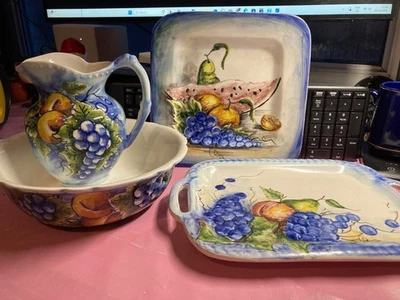 1990s Greek Decorative Studio Pottery Hand Painted Fruits Jug, Bowl, 2 Platters - Image 1 of 4
