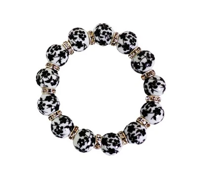 Pulsera elástica con cuentas de flores de porcelana blanca y negra y cuentas de cristal NUEVO Foto 1 de 4
