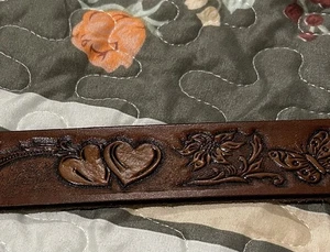 VINTAGE Hand Tooled USA Leather Shop 40” Jeans Belt Hearts Flowers Butterflies🦋 - Picture 1 of 8