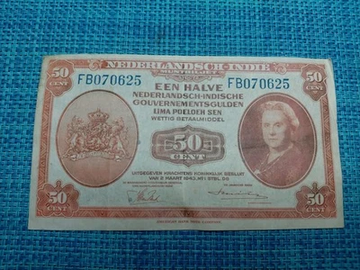 🇳🇱 Netherlands East Indies 50 cents 1943 P-110 VF+   WWII Banknotes  112225-20 - Image 1 of 2
