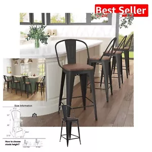 Set of 4 Sturdy 30-Inch Metal Bar Stools with Large Wood Seats - Matte Black - Picture 1 of 12