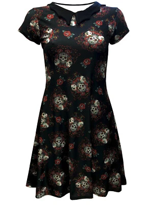 Gothic Floral Sugar Skulls Roses Alternative Print Rockabilly Bat Collar Dress - Image 1 of 3