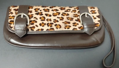 ANN TAYLOR LOFT MARRÓN G/ CUERO PELO DE ANIMAL ESTAMPADO DE LEOPARDO BOLSO DE MANO BOLSO DE PULSERA Foto 1 de 4