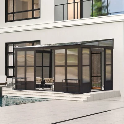 Domi 10x14FT terraza acristalada montada en la pared con techo de PC y puertas correderas bloqueables Foto 1 de 4