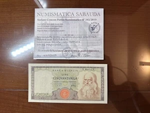 BANCONOTA LIRE 50000 LEONARDO DA VINCI 3 7 1967 R2 certificata BB/SPL SABAUDA - Picture 1 of 6