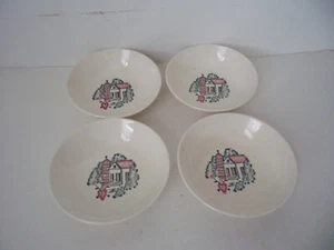 4 Dessert Bowls Dishes ( 5 1/4") House Trees Flower-Unknown Maker - Picture 1 of 5
