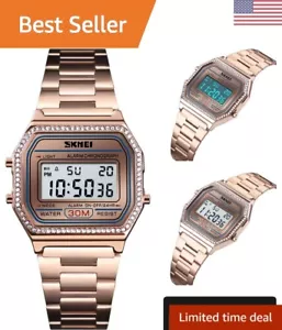 Men's Digital Gold Stainless Steel Watch Backlit Multifunction Stopwatch Wate... - Picture 1 of 8