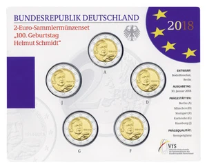 BRD 2 EURO 100. GEBURTSTAG VON HELMUT SCHMIDT 2018 SATZ ADFGJ ST IM BLISTER - Bild 1 von 1