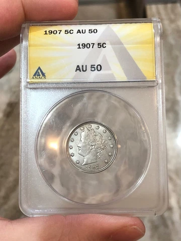 1907 Liberty V-Nickel graded AU50 by ANACS Better Date Great Detail Flashy Coin Cover