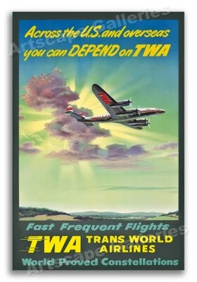 Póster de viaje aéreo estilo vintage "Depend on TWA" de 1940 - 16x24 Foto 1 de 3