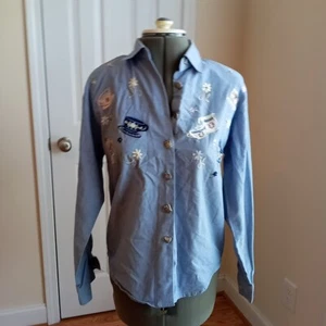 Napa Valley Womens Casual Top Petites Button Up Shirt Blue Size PP Tea Pot Cup - Picture 1 of 18