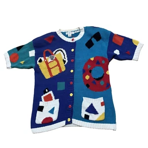 Vtg '89 Lisa Nichols Sweater Women M Blue Red Colorful Art Beach Picnic Cardigan - Picture 1 of 23