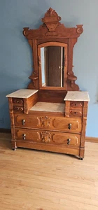 Antique Victorian Walnut burl accent Marble top 3 tier dresser w/ mirror - Picture 1 of 19