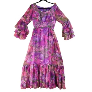 Mary Charmaine 60s Maxi Dress Size 12 Vintage Purple Pink Bell Sleeve Floral 70s - Picture 1 of 9