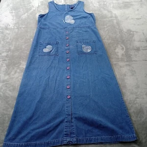 Vintage 90s Denim Long Maxi Jean Jumper Dress Cottage Prairie Sz L Lagenlook - Picture 1 of 21
