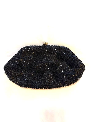 VINTAGE BLACK SPARKLY BEADED EVENING BAG PURSE CLUTH Made in Hong Kong - Image 1 of 4