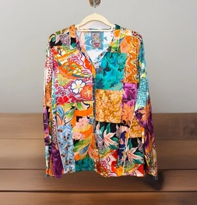 JOHNNY WAS Women’s LARGE Button Down Silk Blouse Artsy Patchwork Boho Hippie - Picture 1 of 14