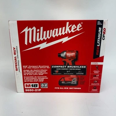 New Milwaukee 3650-21P M18 18V Compact Brushless 1/4" Hex Impact Driver Kit - Image 1 of 4