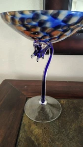 JOZEFINA KROSNO BLUE JELLYFISH ART GLASS COMPOTE 9″ HAND BLOWN - RARE - Picture 1 of 8