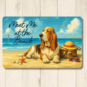 Basset Hound Sign Meet Me at the Beach funny dog metal tin wall art coastal tin - Picture 1 of 8