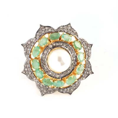 Anillo de cóctel de plata de ley con piedras preciosas y esmeralda y perlas naturales pavé de diamantes Foto 1 de 4