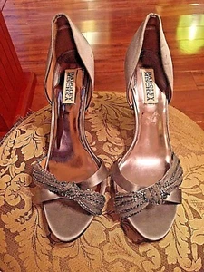 Badgley Mischka Silver Satin Open Toe Pumps w/Silver Beading - Size 8.5M - Picture 1 of 10