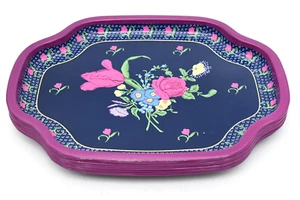 Vintage Pink Navy Floral Flower Metal Tray Snack Cookie Tea Sandwich England 8 - Picture 1 of 5