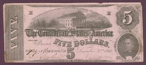 T-53 PF-2 CR-382 1862 Estados Confederados de América Billete de $5 No.93473 (60875) - Imagen 1 de 2