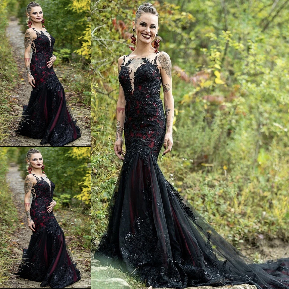 Gothic Black Mermaid Wedding Dresses Beaded Lace Appliques Illusion Bridal Gowns - Image 1 of 4