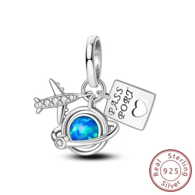 MULA Frauen 925 Sterling Silber Charm Blau CZ Flugzeug Erde Dangle Für Armband - Bild 1 von 4