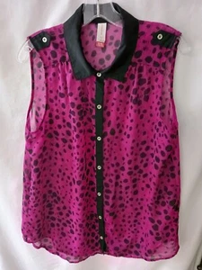 No Boundaries Sheer Top Maroon-Black Polka Dot Sz XL Sleeveless Button-Up Blouse - Picture 1 of 11
